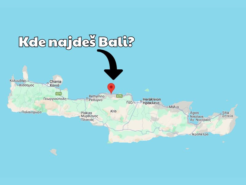 Mapa s vyznačenou polohou letoviska Bali na severním pobřeží Kréty, přibližně mezi Heraklionem a Rethymnem.